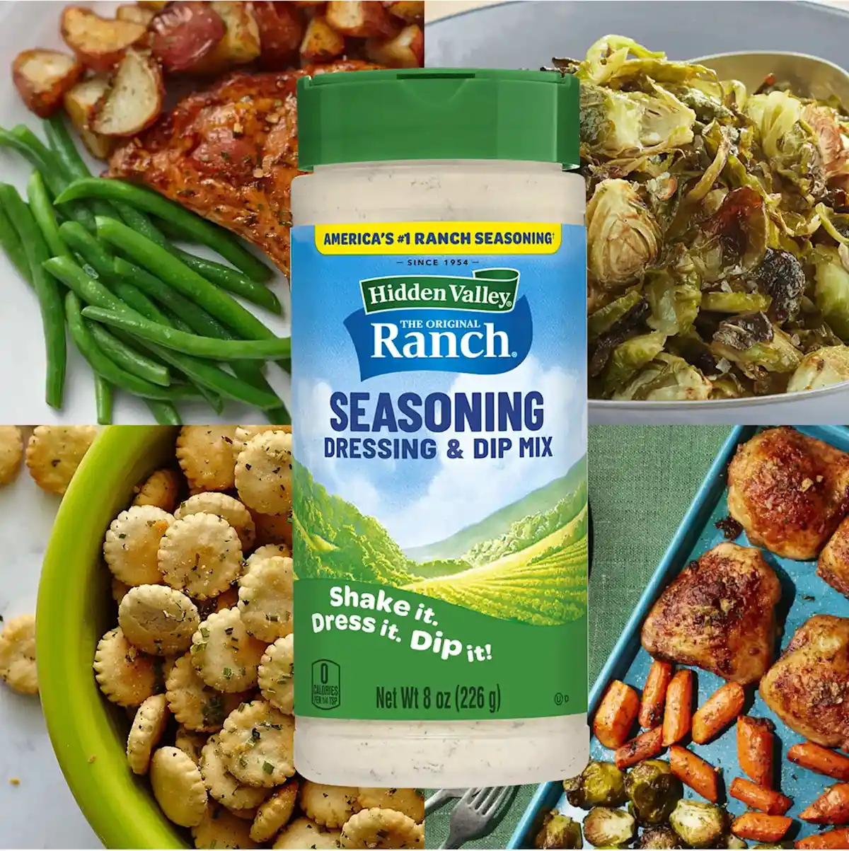 A canister of Original Ranch seasoning surrounded by images of oyster crackers, Brussels sprouts, etc.