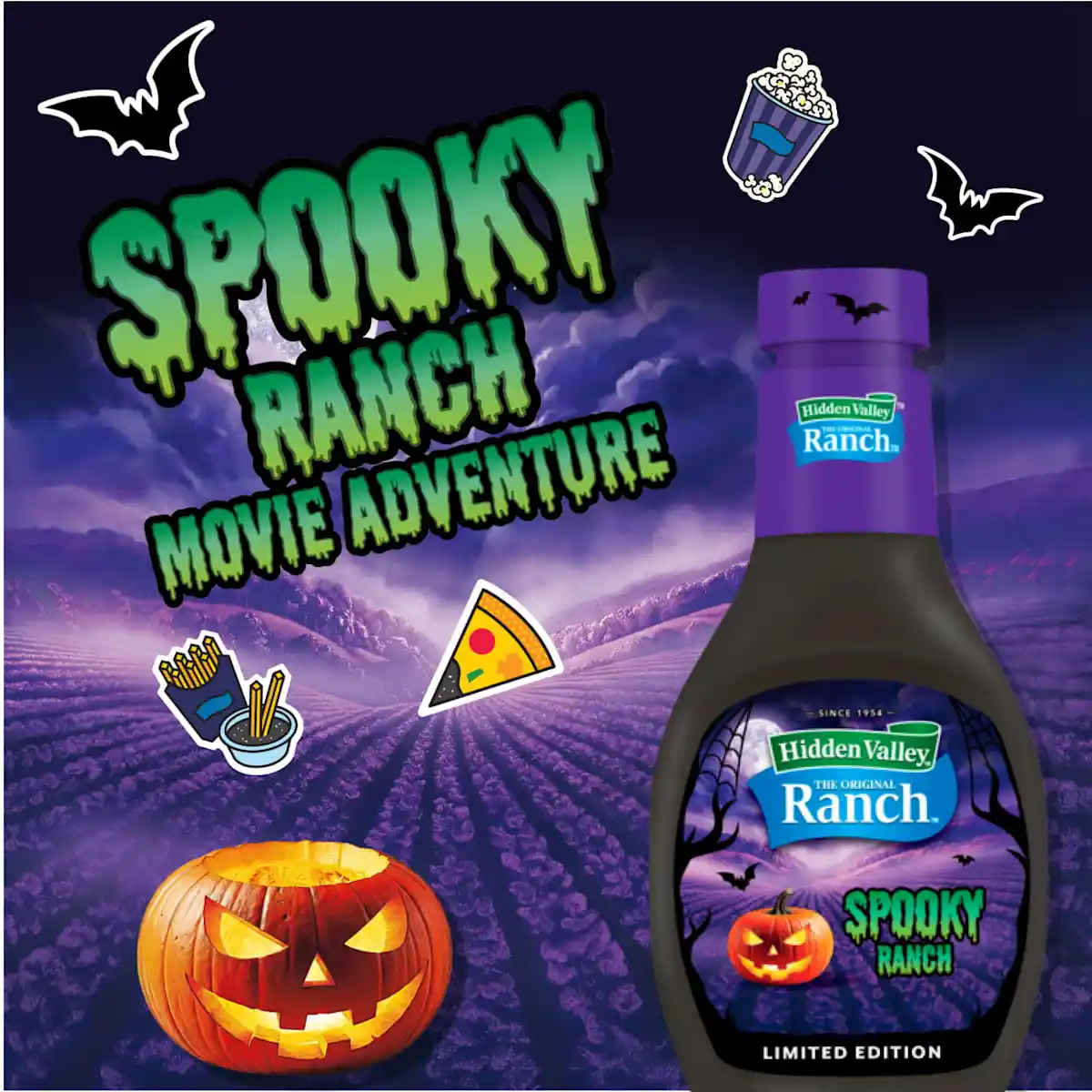 Hidden Valley Spooky Ranch bottle with pumpkin and movie night theme