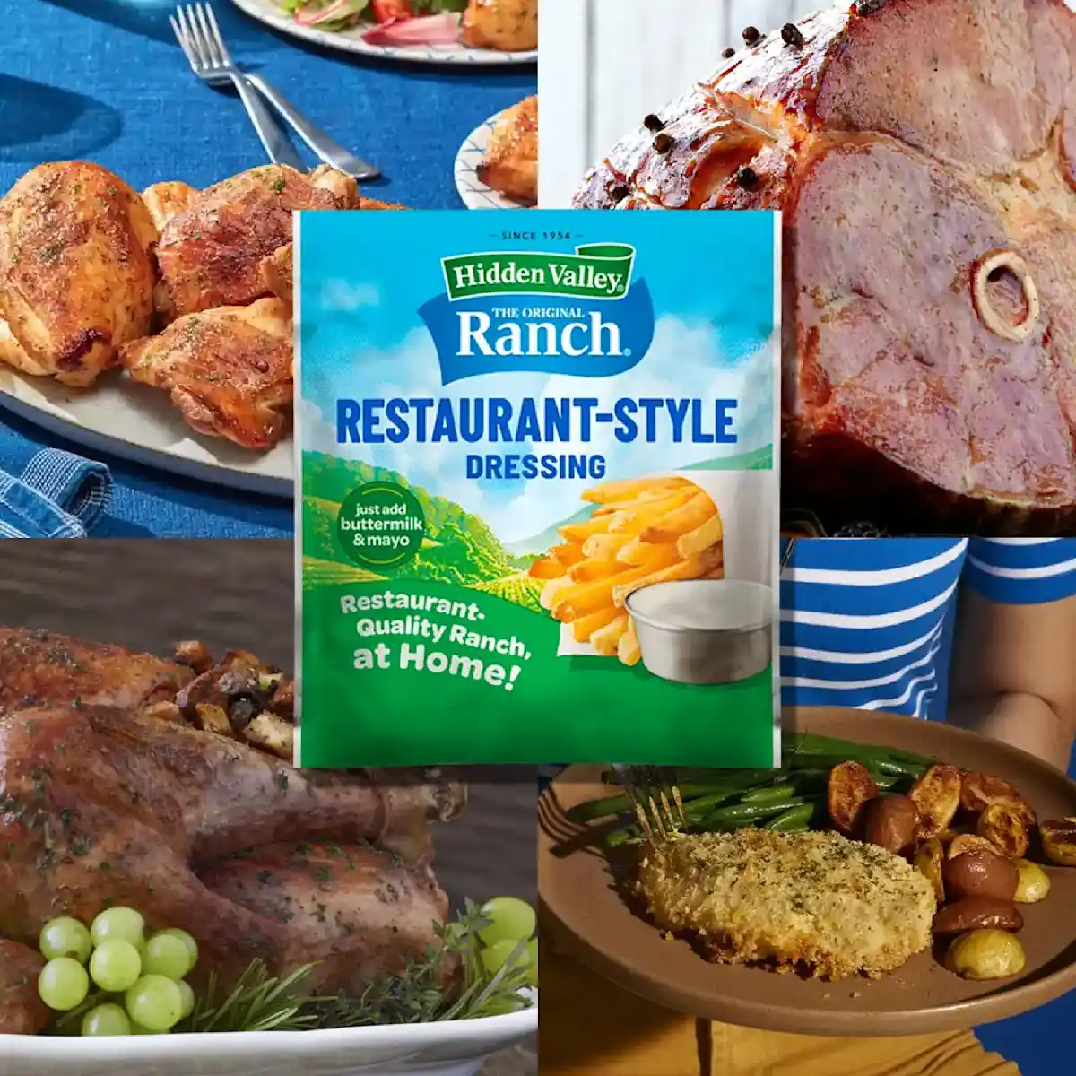 4 images of Hidden Valley Ranch recipes, including glazed ham, with the Restaurant-Style seasoning mix packet overlay