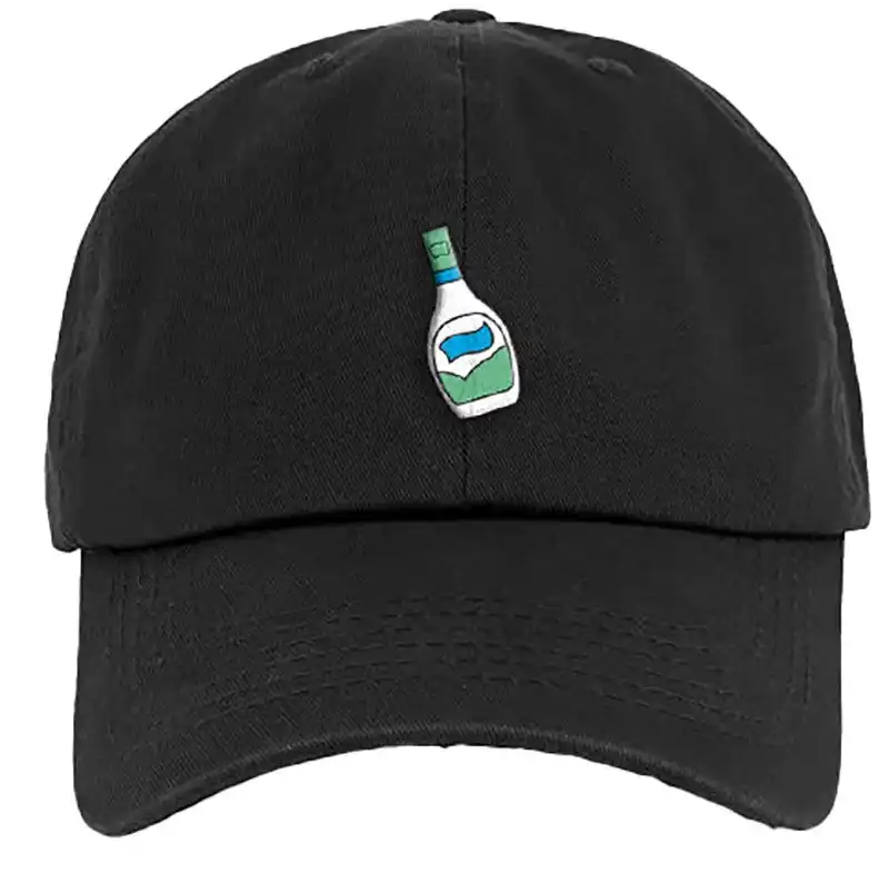 Black baseball catp with an embroidered ranch bottle on it