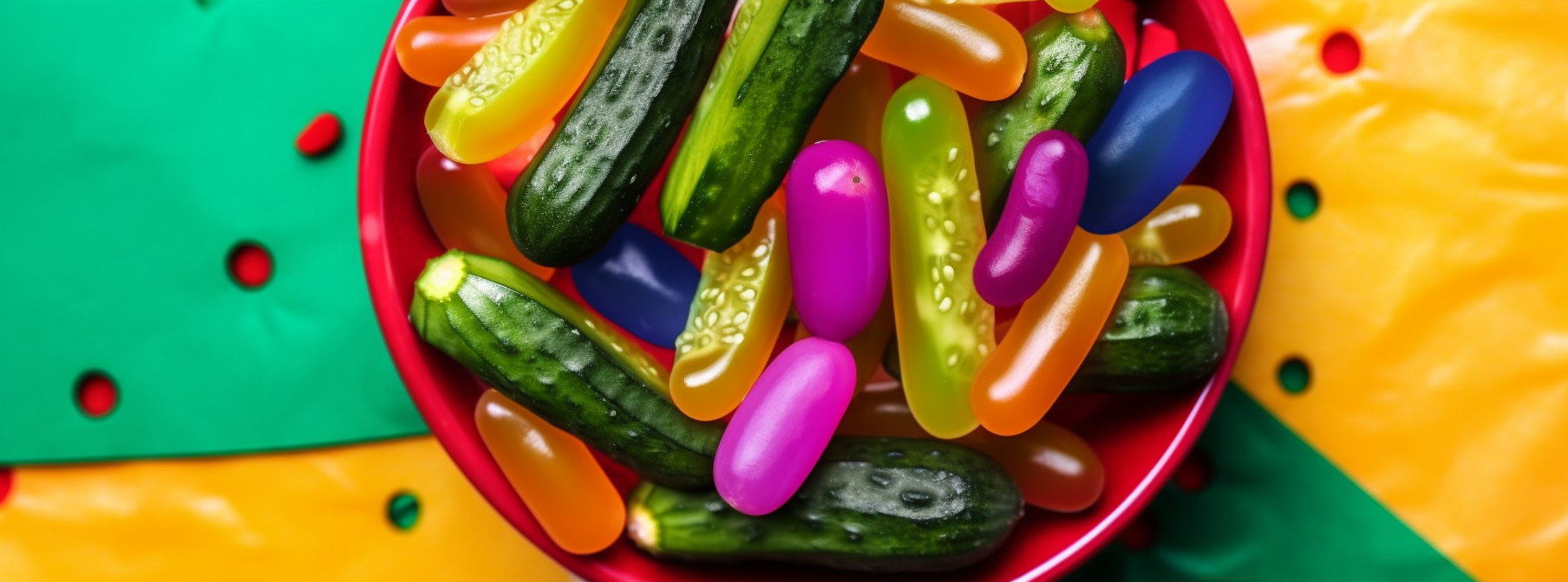 Pickle-Flavored-Candy-Sweet-and-Sour-Delights top view of a real cucumber pickle laying on a bed of br 5712df29-8c0c-404a-b32a-6c7585a418d4