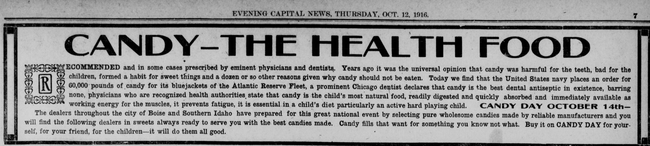 Candy-HealthFood-Evening-Capital-News-Boise-Idaho-Thursday-October-12-1916