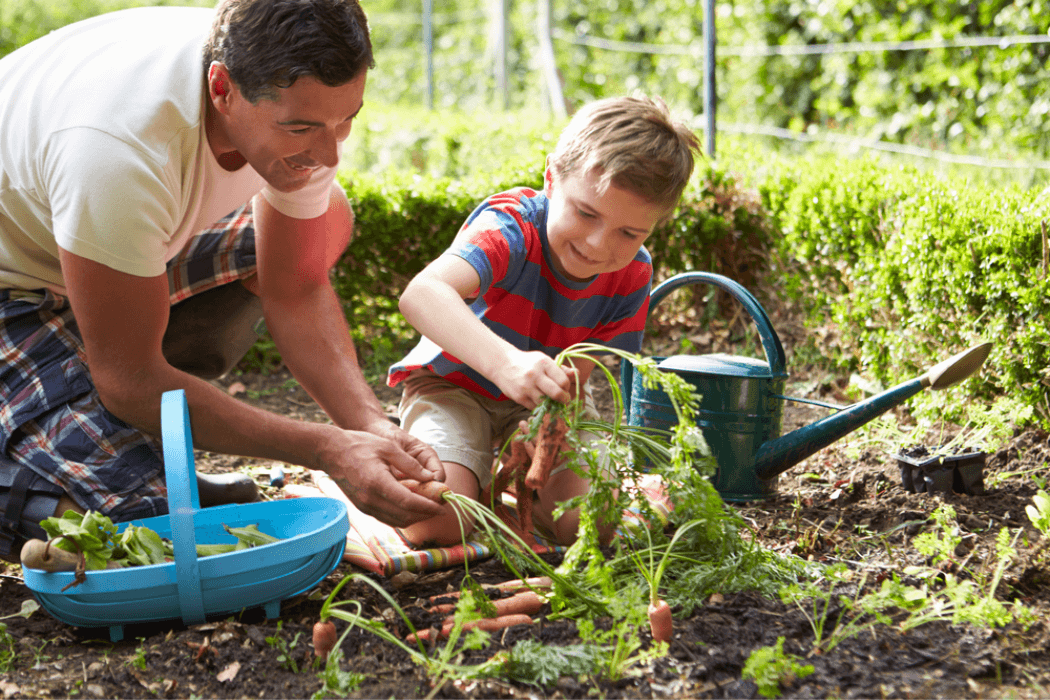 Father spends one on one time with kids while gardening with his son