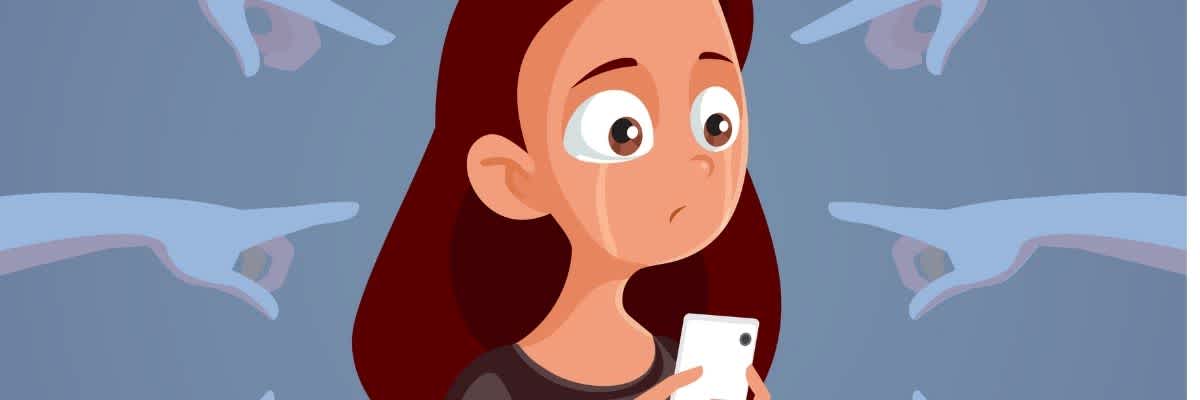 Cartoon of a young girl holding a phone crying, wondering how to deal with cyberbullying while fingers point at her