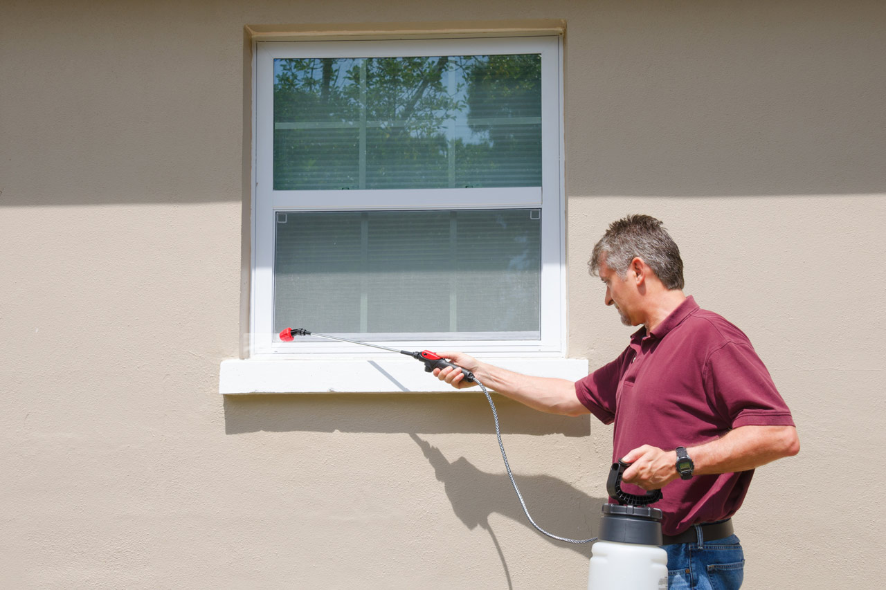 A professional spraying pesticide on the exterior of a house