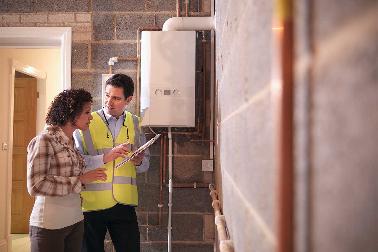 A homeowner talks to a repairman in a basement