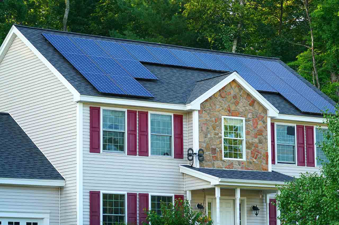 solar panels on roof in suburban neighborhood