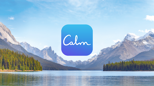  Image of a lake with trees and mountains in the background. The calm logo is in the middle of the image.