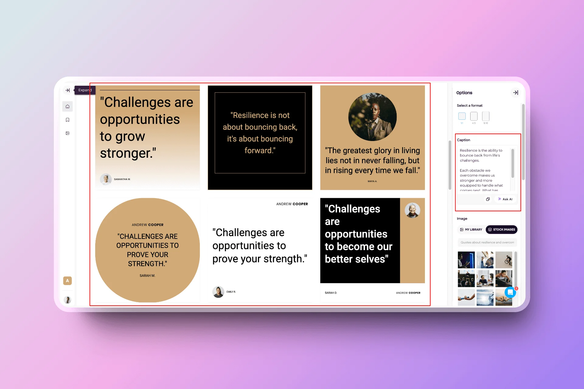It generates captions that match your brand's voice in various styles.
