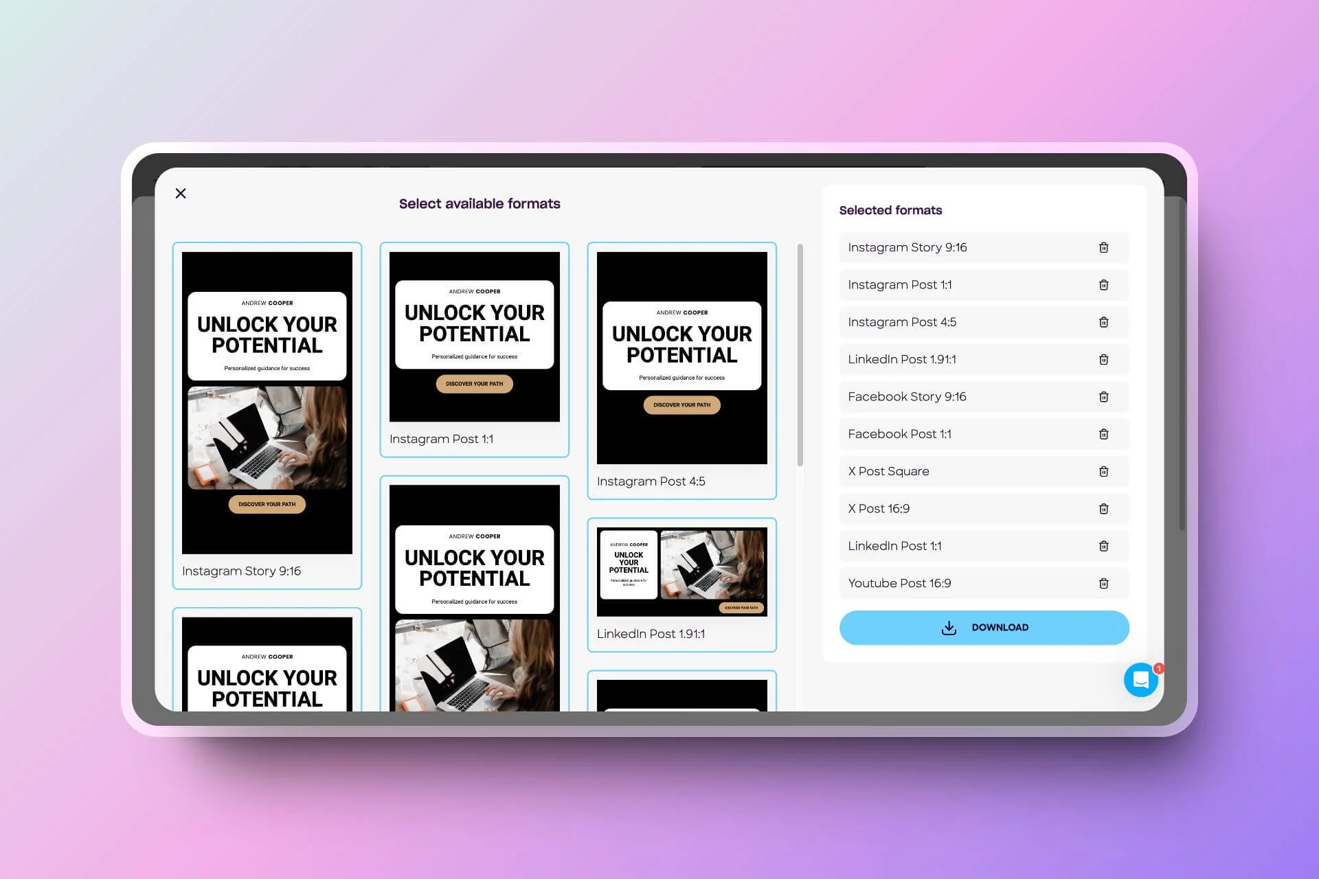 That's not all—designstripe also makes it easy to download designs optimized for all your social media platforms without the need for manual resizing