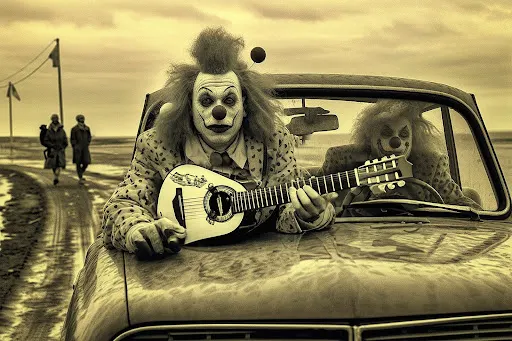 Sepia-toned image of two clowns in a car.