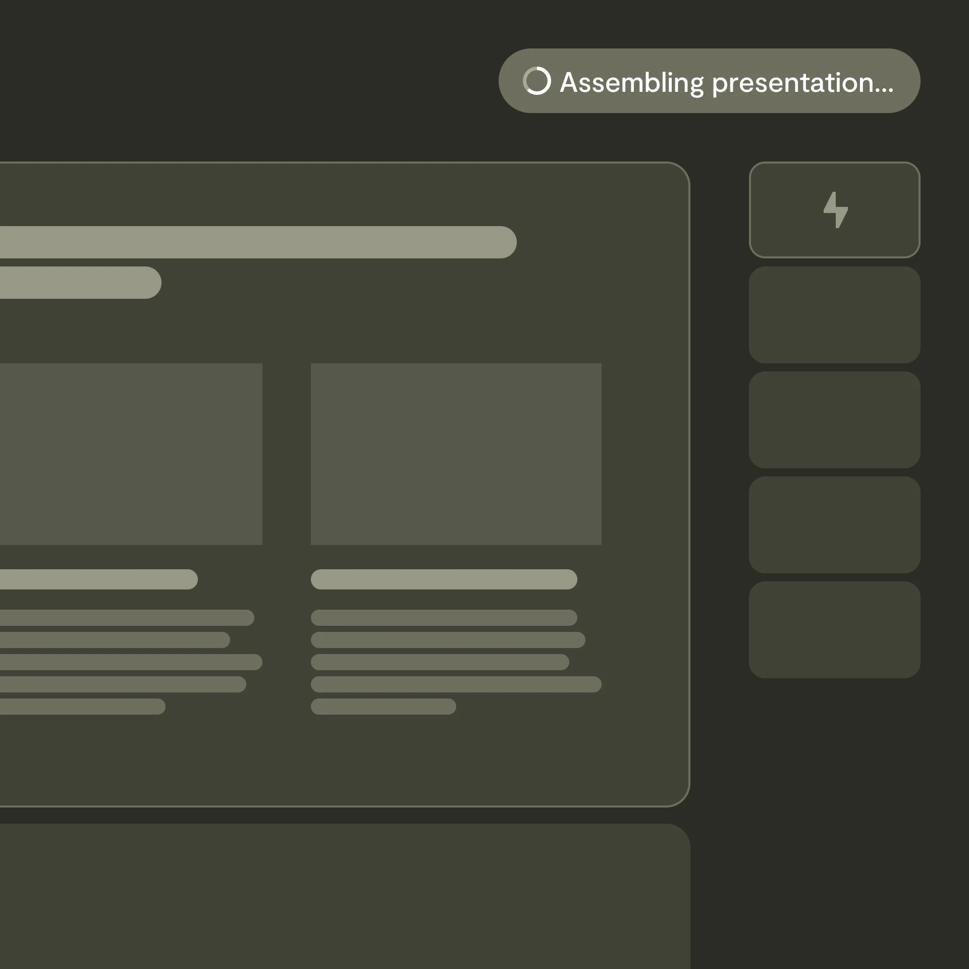 Visual product overview: AI sales deck agent presentation generator. AI agent streams in presentation slide layouts and generates a presentation.