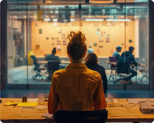 Woman sitting at a table with her back facing the viewer. She's in an office and the background shows more people at work in a conference room.