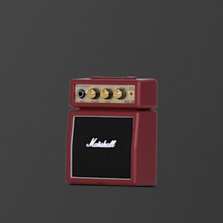 A red Marshall MS-2R portable guitar amplifier with brass control knobs and a black front speaker panel is shown against a plain dark background.