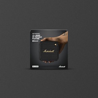The packaging of a Marshall Willen II portable Bluetooth speaker.