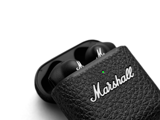 Zoomed image on open case of Marshall Minor III Black Earbuds