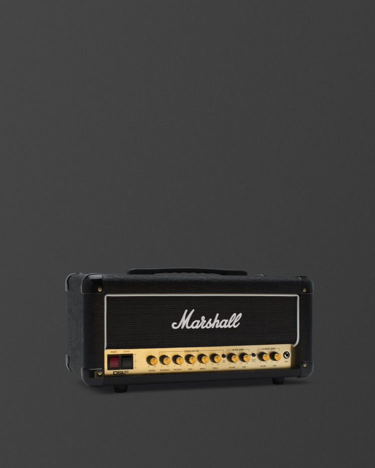 Slightly angled image of the front of the Marshall DSL20 Head amplifier.