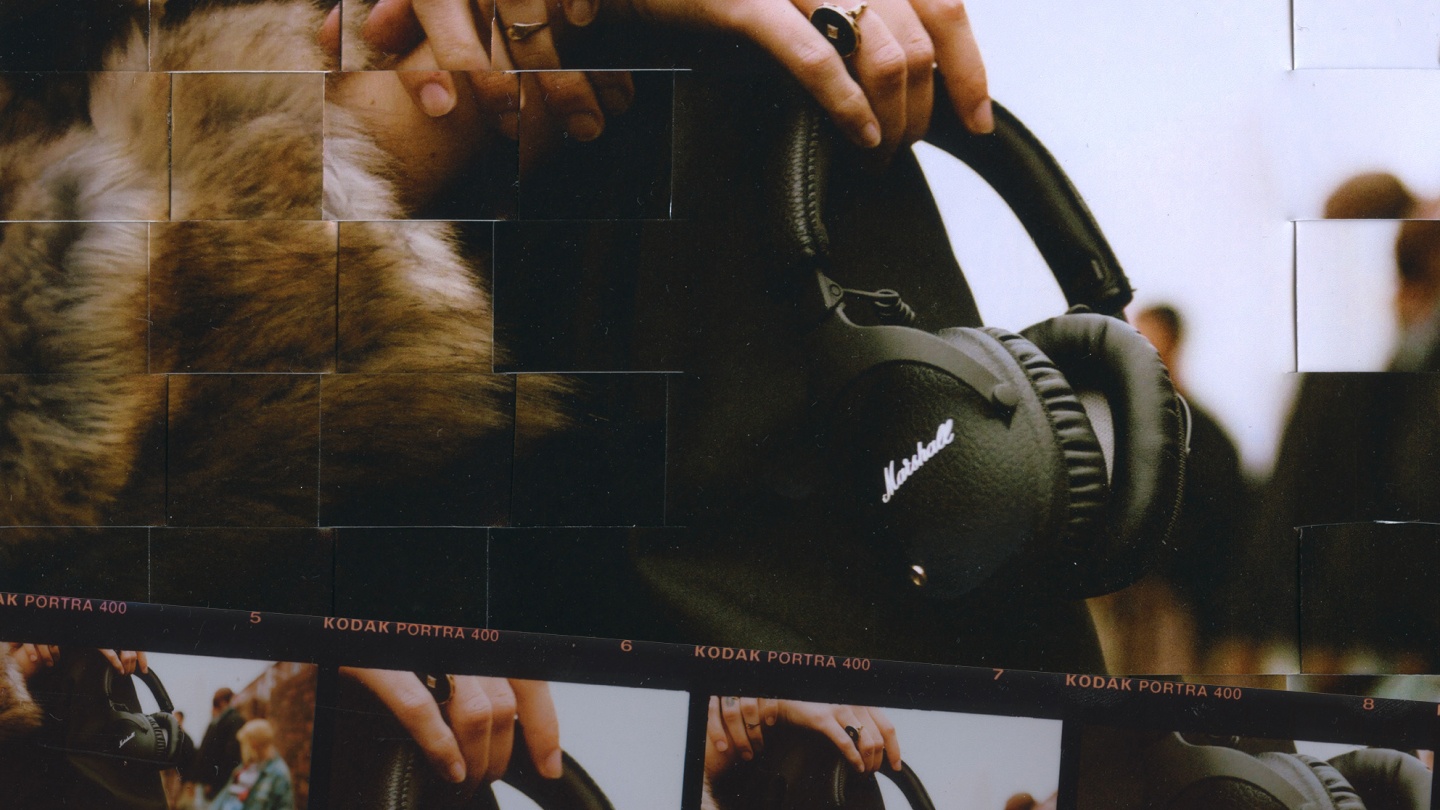 A stunning photo collage featuring sleek black Marshall MONITOR II ANC headphones.