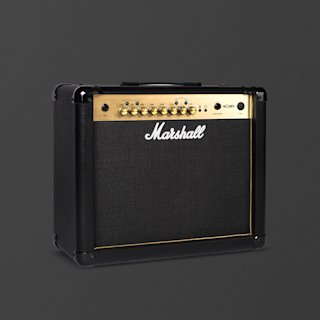Amplificateur de guitare combo Marshall MG30GFX noir avec panneau de commande en laiton, plusieurs boutons et le logo Marshall sur la face avant, sur un fond noir uni.