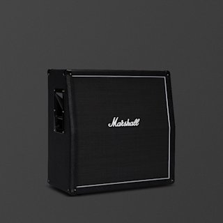 A black angled Marshall MX412A guitar speaker cabinet with white trim and logo, photographed against a plain dark gray background.