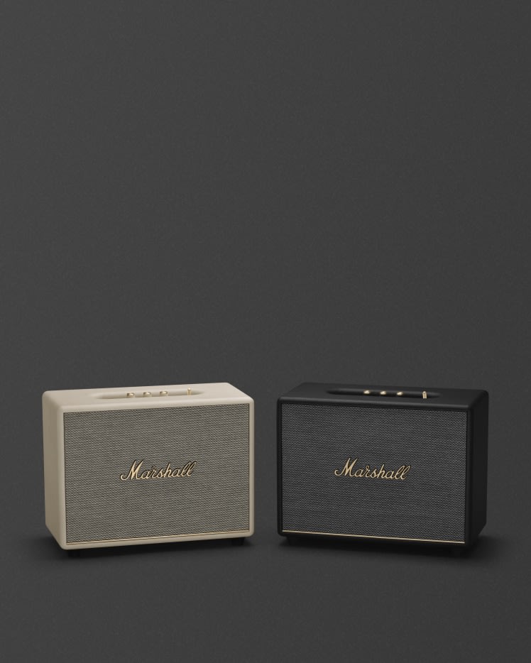 The Marshall WOBURN III BLACK is a stylish bluetooth home speaker available in black and gold.