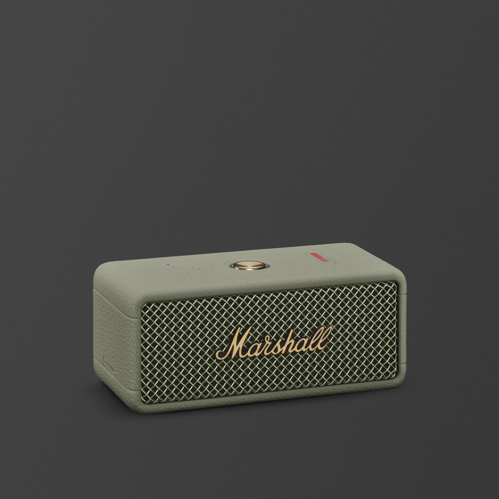 Marshall Emberton III Sage portable bluetooth speaker featuring a gold logo and mesh front, shown against a dark gray background.