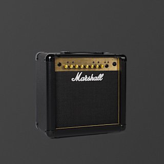 A black Marshall MG15GFX guitar amplifier with gold control knobs and a handle on top, shown against a plain dark background.