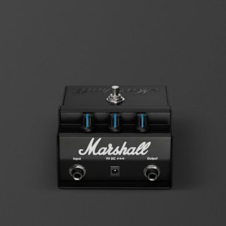 A black Marshall Bluesbreaker guitar effects pedal with three blue-tipped control knobs, input and output jacks, a power input, and a footswitch, displayed on a dark background.
