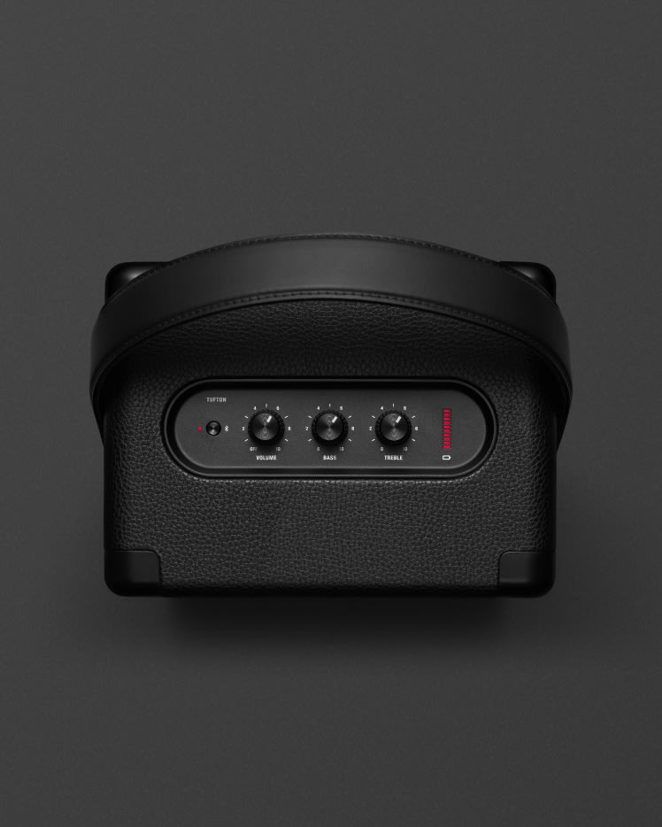 A black speaker, the Marshall Tufton Black, on a black background.