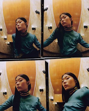 A woman in a teal top poses against a wood-paneled wall in a series of four film photographs, with each frame showing a slightly different angle and expression.