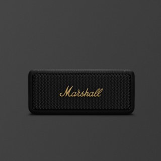A black Marshall Emberton II portable speaker with a textured front grille and brass Marshall logo is centered on a dark gray background.
