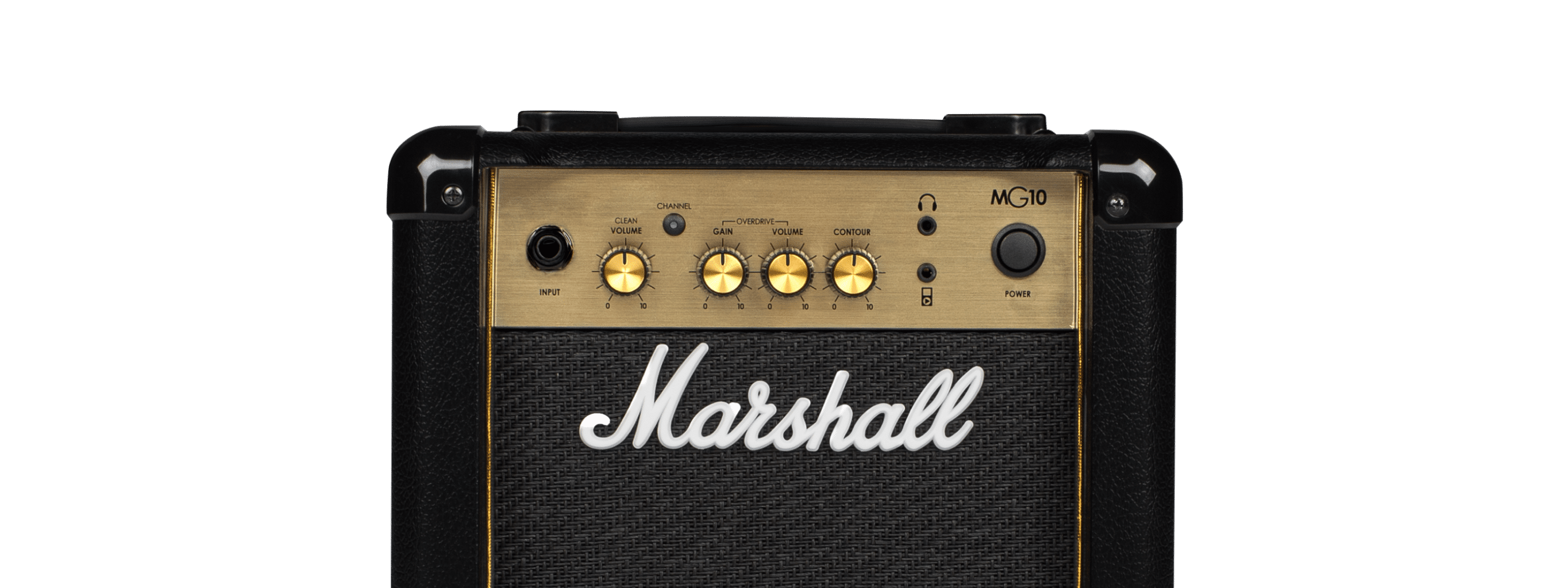 Amplificador combo MG10 de Marshall en negro y dorado. 