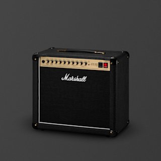 A black Marshall Studio 900 guitar amplifier combo with brass control panel, control knobs, a red power switch, and a carrying handle, set against a plain dark background.