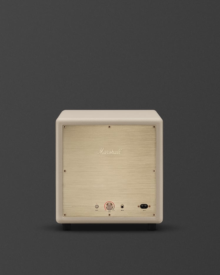 Marshall Heston Sub 200 Cream features front-facing control knobs and input ports, displayed against a plain dark background.