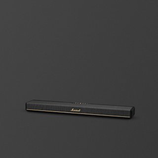 A black Marshall Heston 60 soundbar with brass accents sits against a dark gray background.