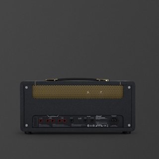 Rear view of the black Studio Vintage guitar amplifier head with a brass vented back panel, input/output jacks, switches, and a power cable socket, set against a plain dark background.