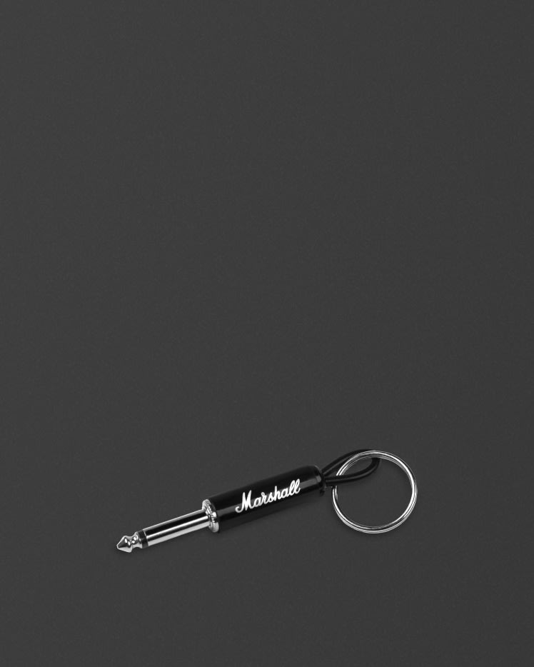Black guitar jack keychain with Marshall script logo