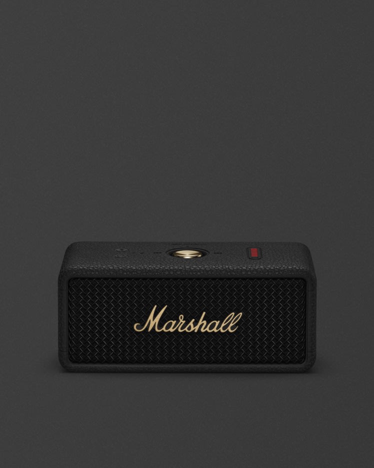 Front view of Marshall Emberton III Black and Brass portable Bluetooth speaker.