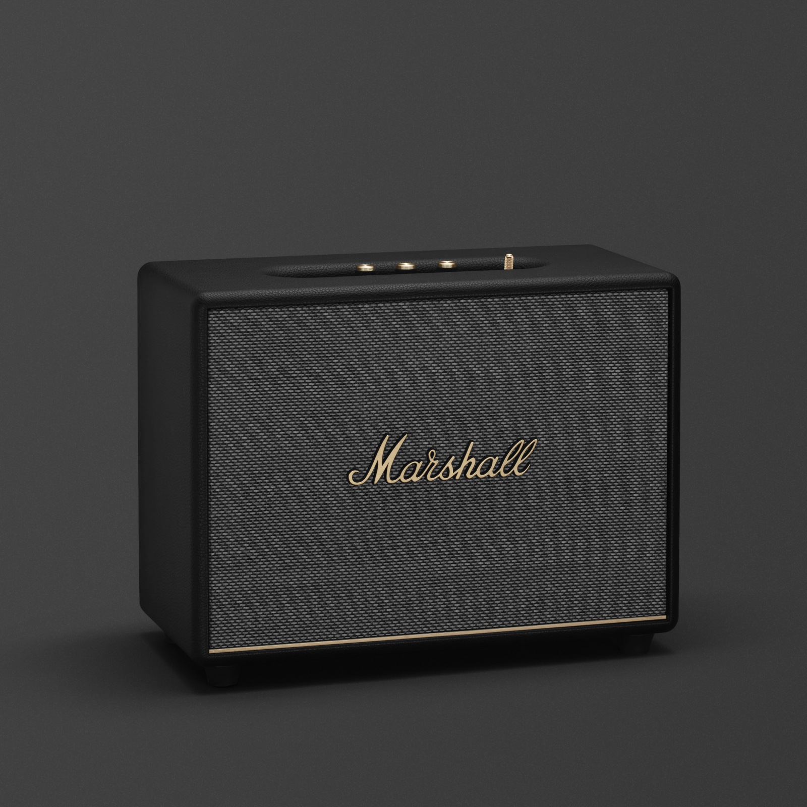 The WOBURN III BLACK from Marshall, a sleek and stylish home speaker in black and gold.