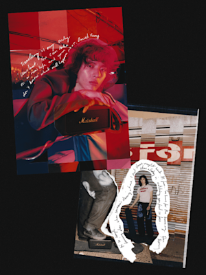 Collage de trois photos de personnes tenant à la main leur Marshall Middleton Speakers