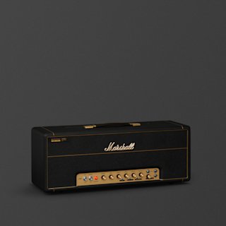 A black Marshall 1959 Modified guitar amplifier head with brass control panel and dials is displayed against a plain dark background.