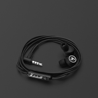 A pair of Marshall Mode in-ear wired earphones in black with a 3.5mm audio jack, shown coiled on a plain dark background.