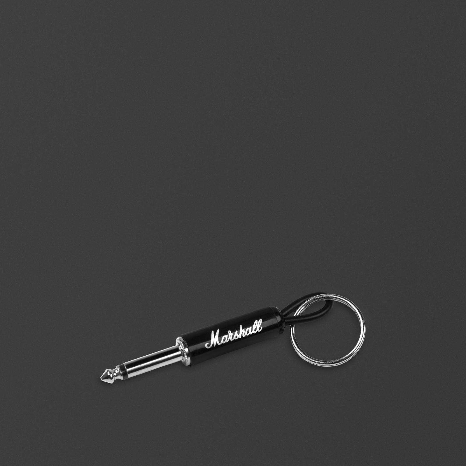 Black guitar jack keychain with Marshall script logo