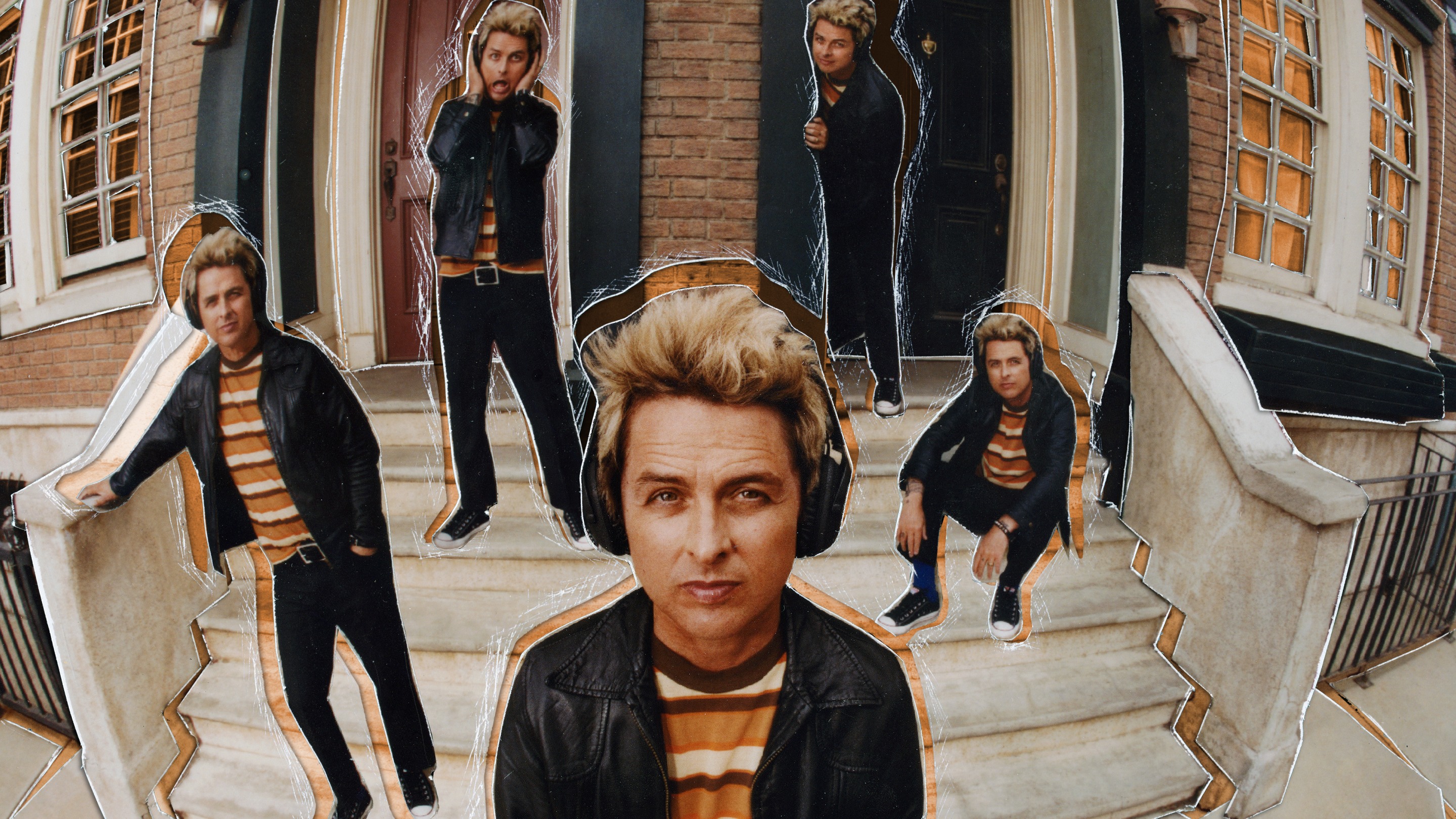 Collage of 5 different photos of Billie Joe Armstrong sitting at the front stairs of a bricked house.