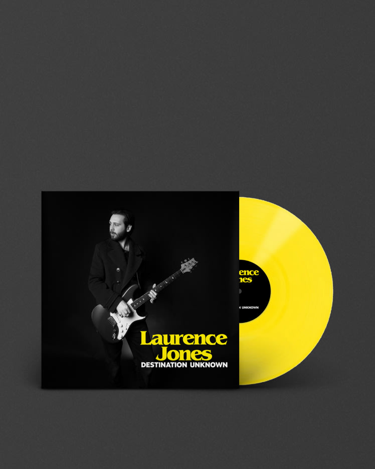 Laurence Jones playing on a DESTINATION UNKNOWN, LAURENCE JONES yellow vinyl by Marshall.