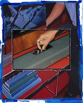 A person adjusting the knob on a Marshall Heston 120 speaker soundbar; the background features an abstract collage with blue and red tones.