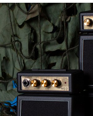 Two black micro stacks from Marshall amplifiers side by side