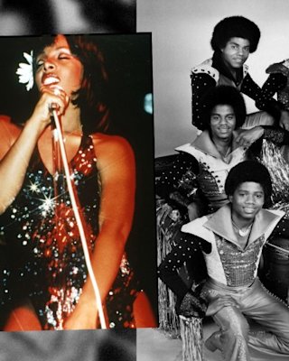 A collage of two vintage images: one featuring a woman singing into a microphone and the other showing a group of male performers in elaborate costumes.