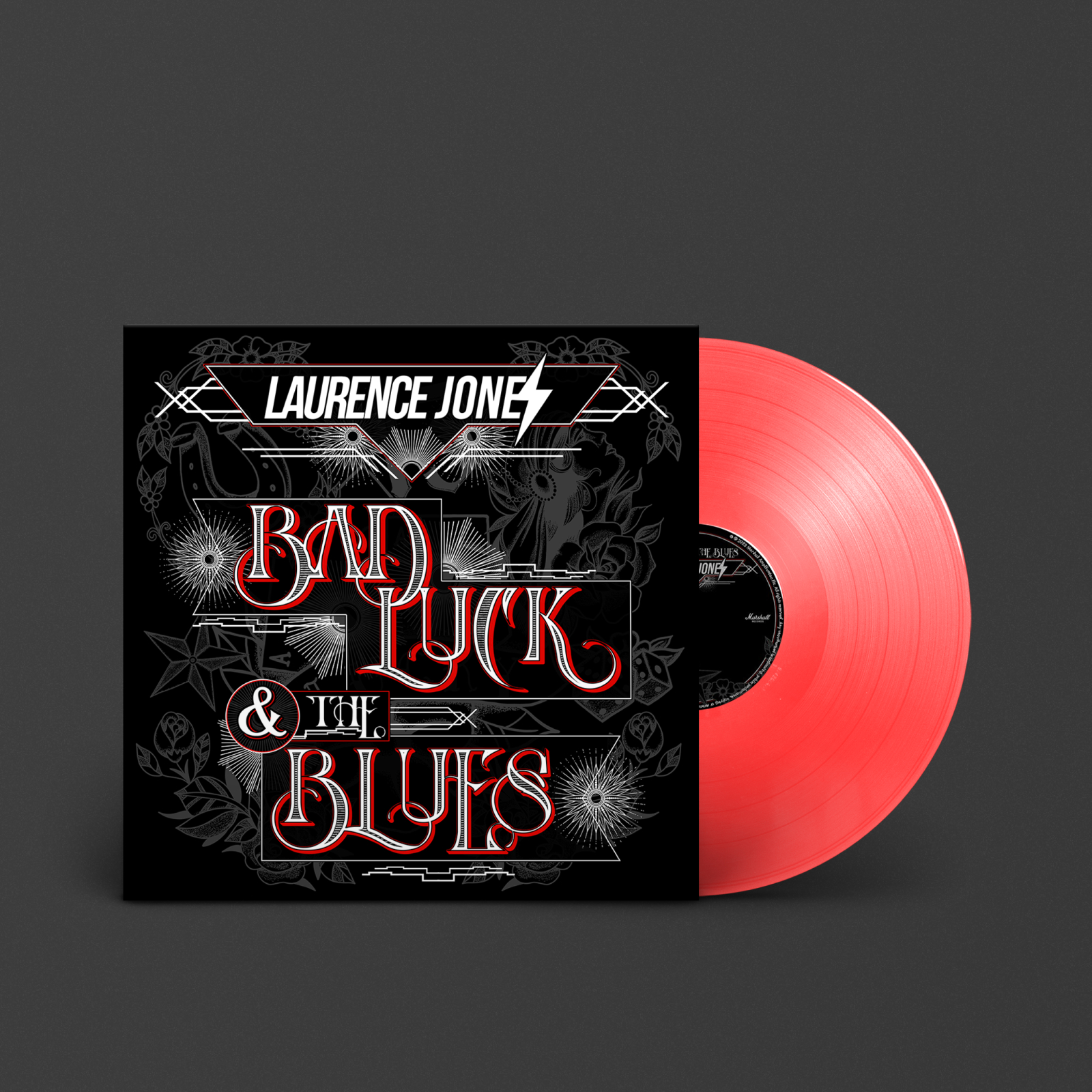 Image of a red vinyl named "Bad luck & the Blues" by Laurence Jones.
