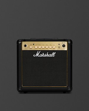 Upper part of the Marshall MG15GR Combo showing the knobs, input and power switch.